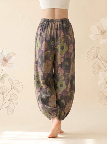 Cotton Gauze Leaf Pants in Charcoal Bloom, back view