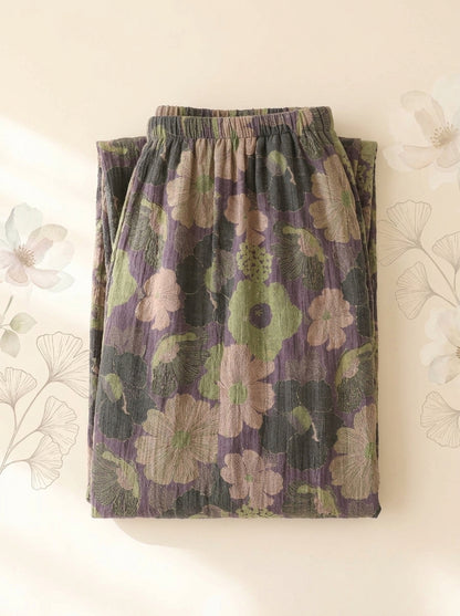 Cotton Gauze Leaf Pants in Charcoal Bloom, folded flat