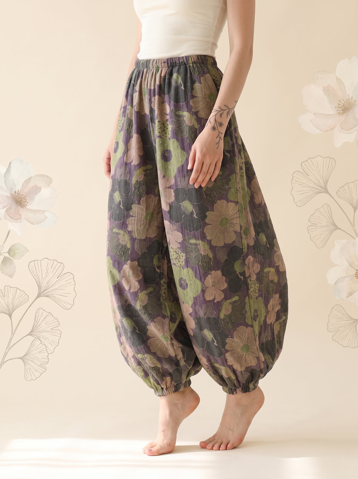 Cotton Gauze Leaf Pants in Charcoal Bloom, front view