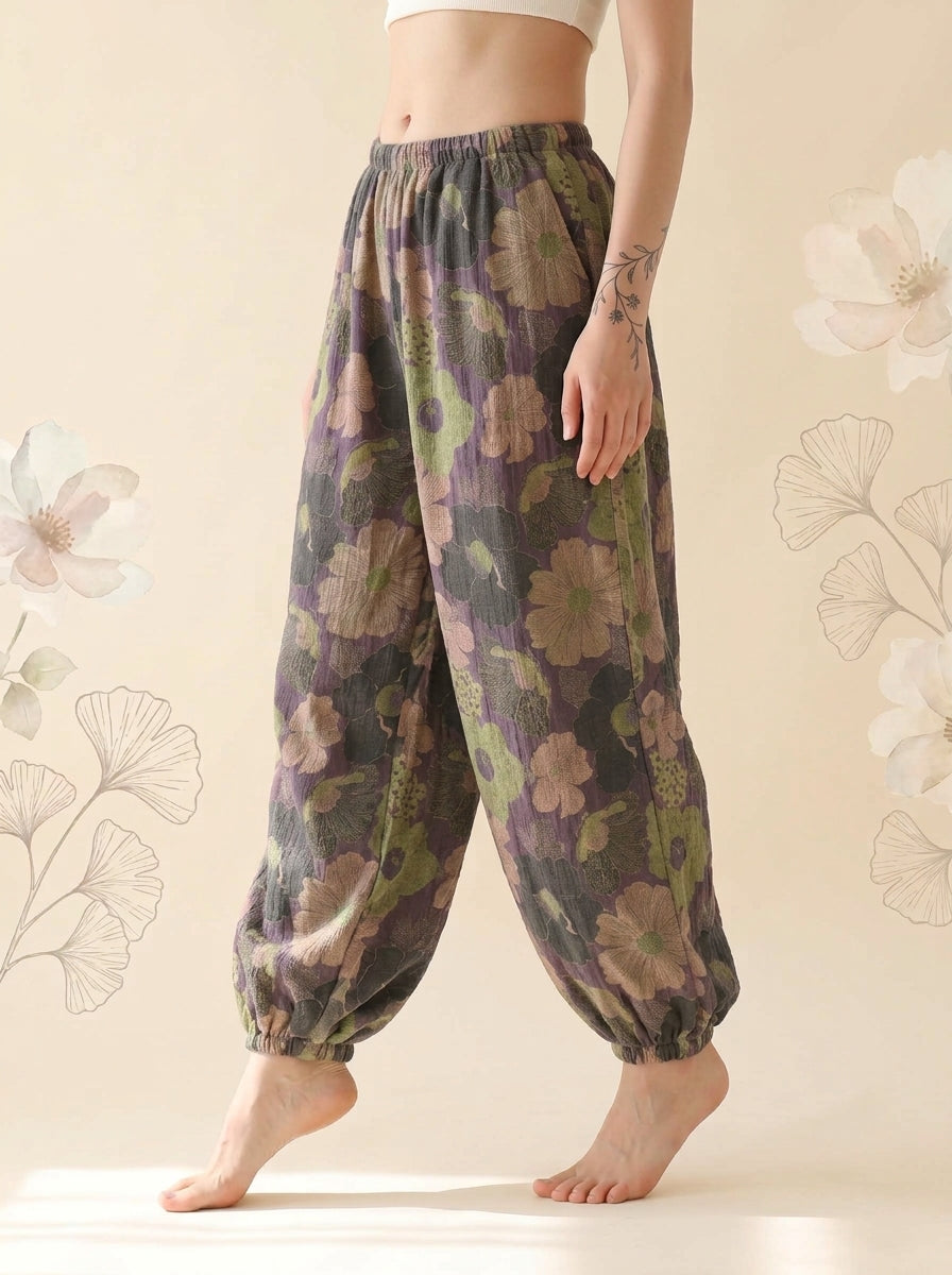 Cotton Gauze Leaf Pants in Charcoal Bloom, side view