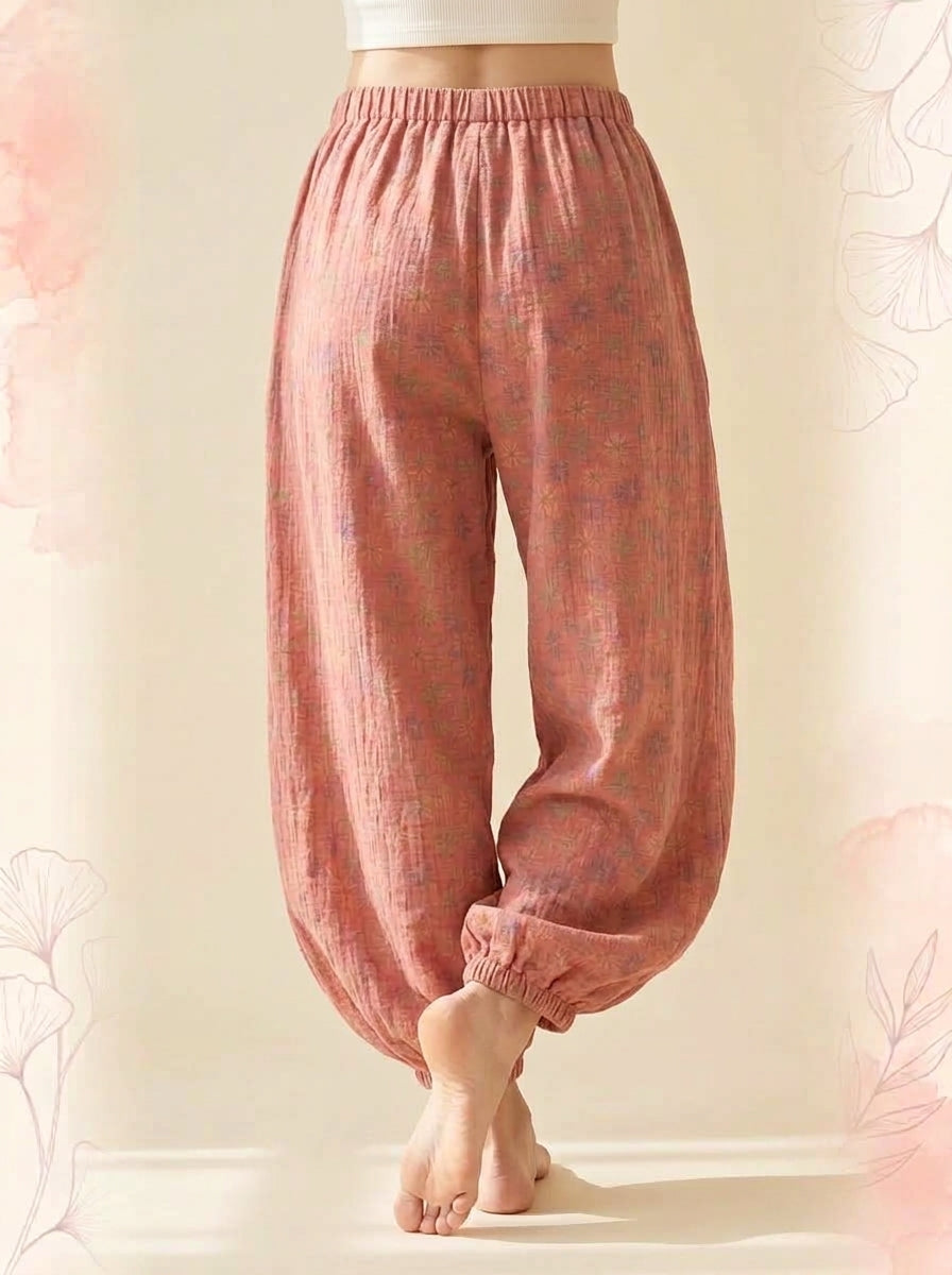 Cotton Gauze Leaf Pants in Coral Pink, back view