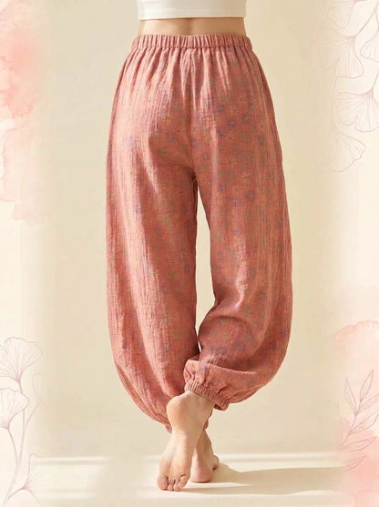 Cotton Gauze Leaf Pants in Coral Pink, back view