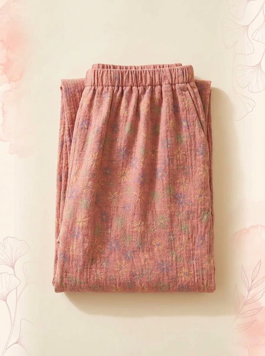 Cotton Gauze Leaf Pants in Coral Pink, folded flat