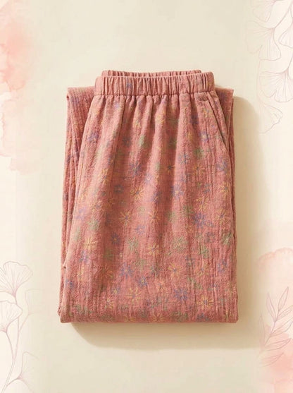 Cotton Gauze Leaf Pants in Coral Pink, folded flat