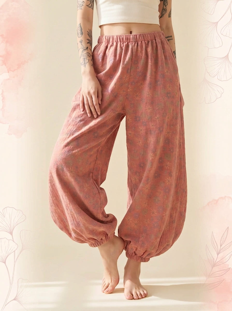 Cotton Gauze Leaf Pants in Coral Pink, front view