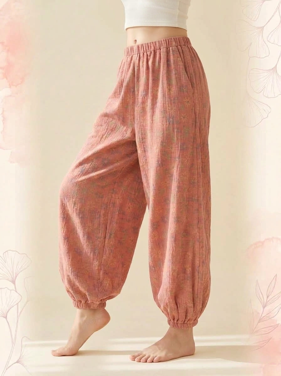 Cotton Gauze Leaf Pants in Coral Pink, side view