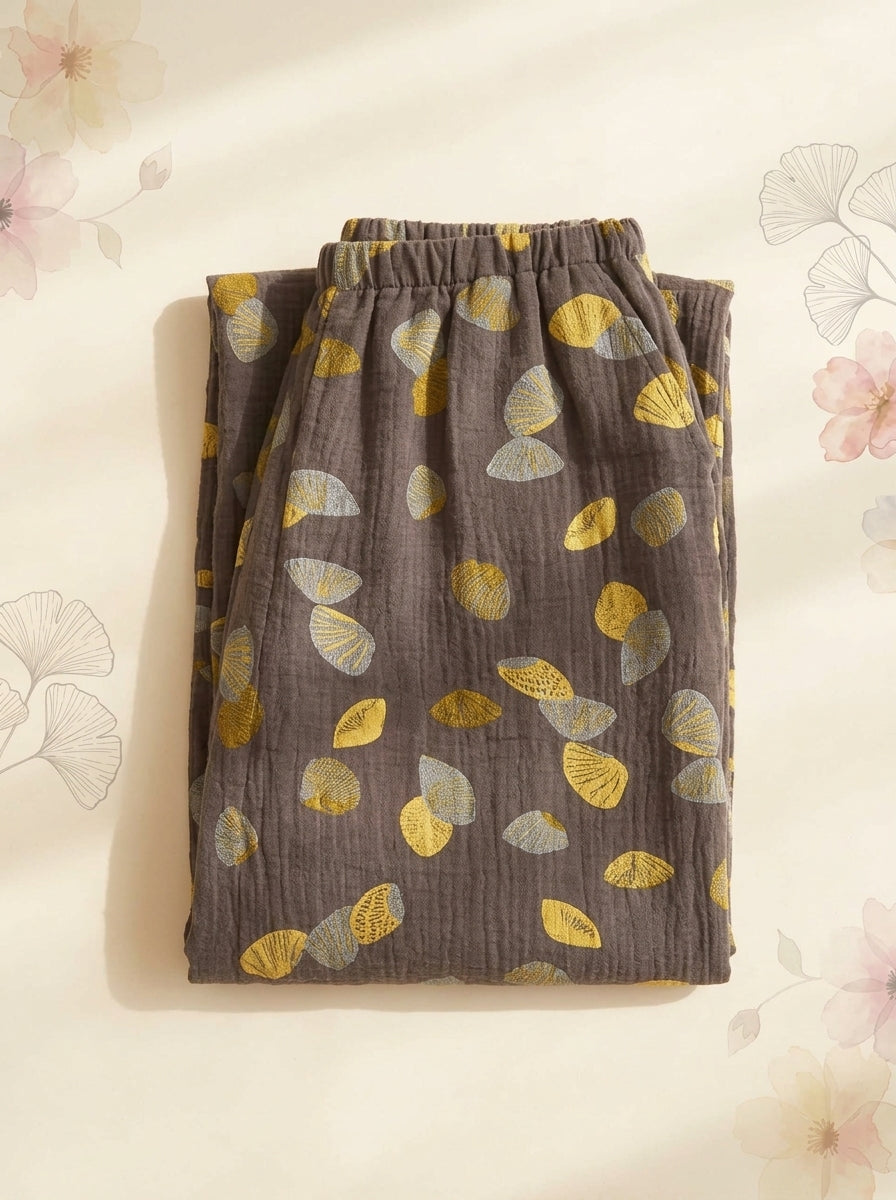 Cotton Gauze Leaf Pants in Espresso Leaf, folded flat