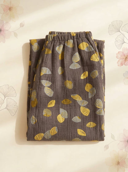 Cotton Gauze Leaf Pants in Espresso Leaf, folded flat