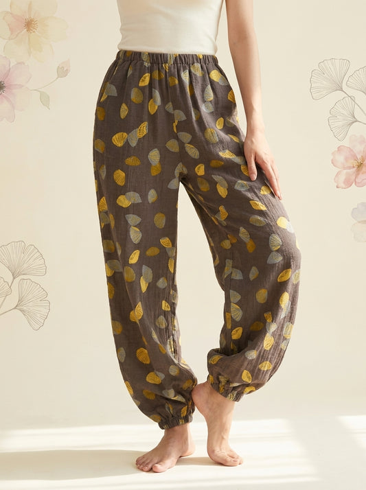 Cotton Gauze Leaf Pants in Espresso Leaf