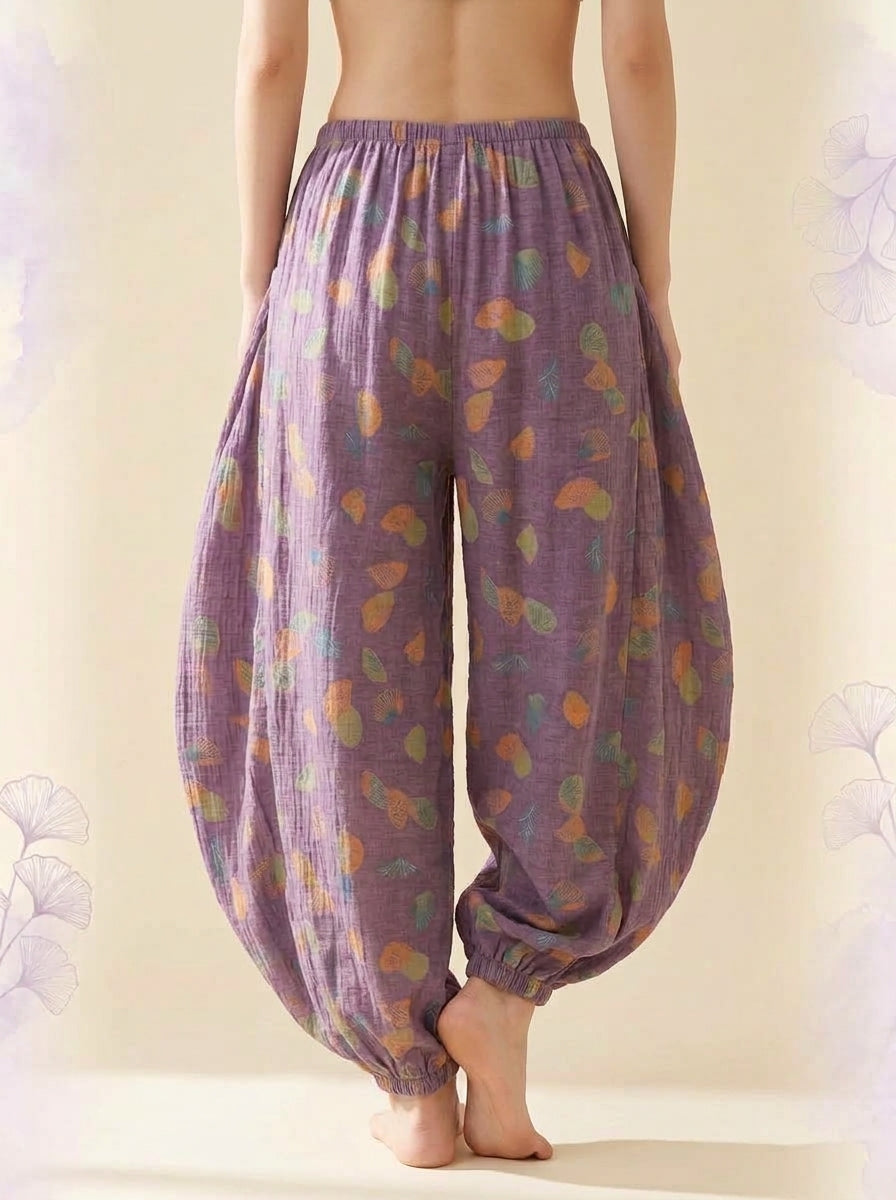 Cotton Gauze Leaf Pants in Lavender Leaf, back view