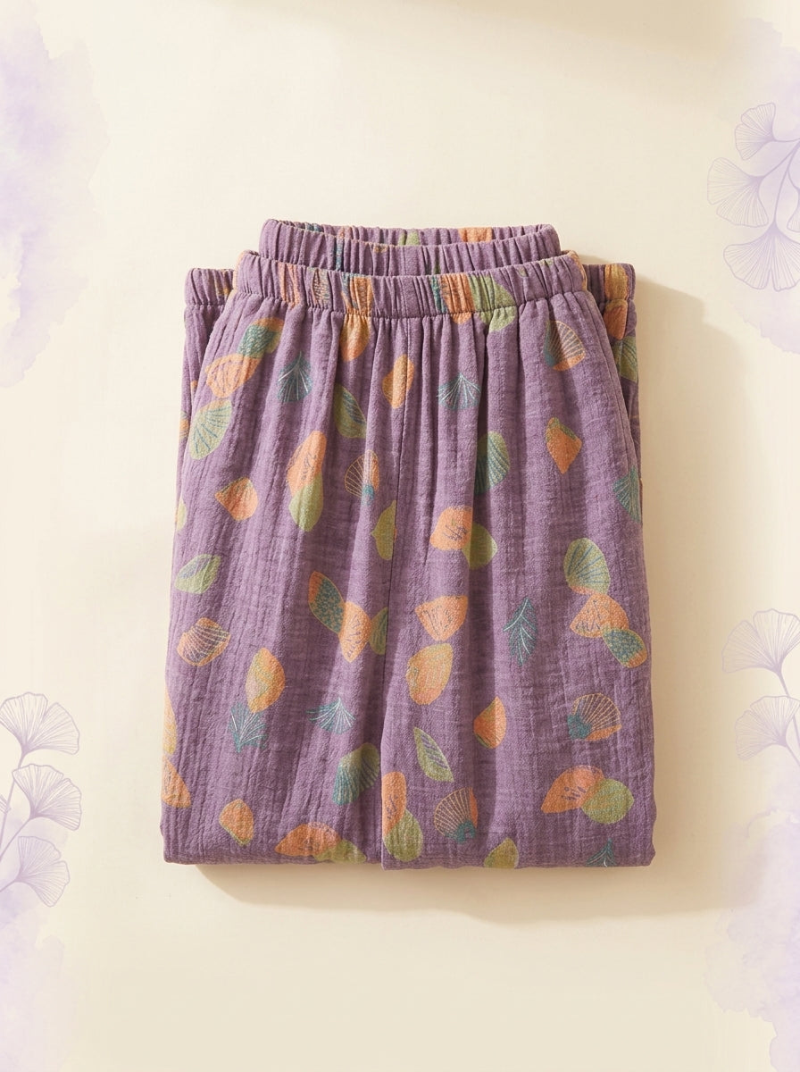 Cotton Gauze Leaf Pants in Lavender Leaf, folded flat