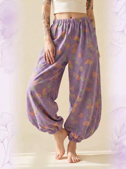 Cotton Gauze Leaf Pants in Lavender Leaf, front view