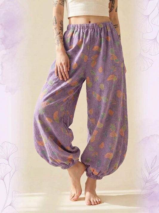 Cotton Gauze Leaf Pants in Lavender Leaf