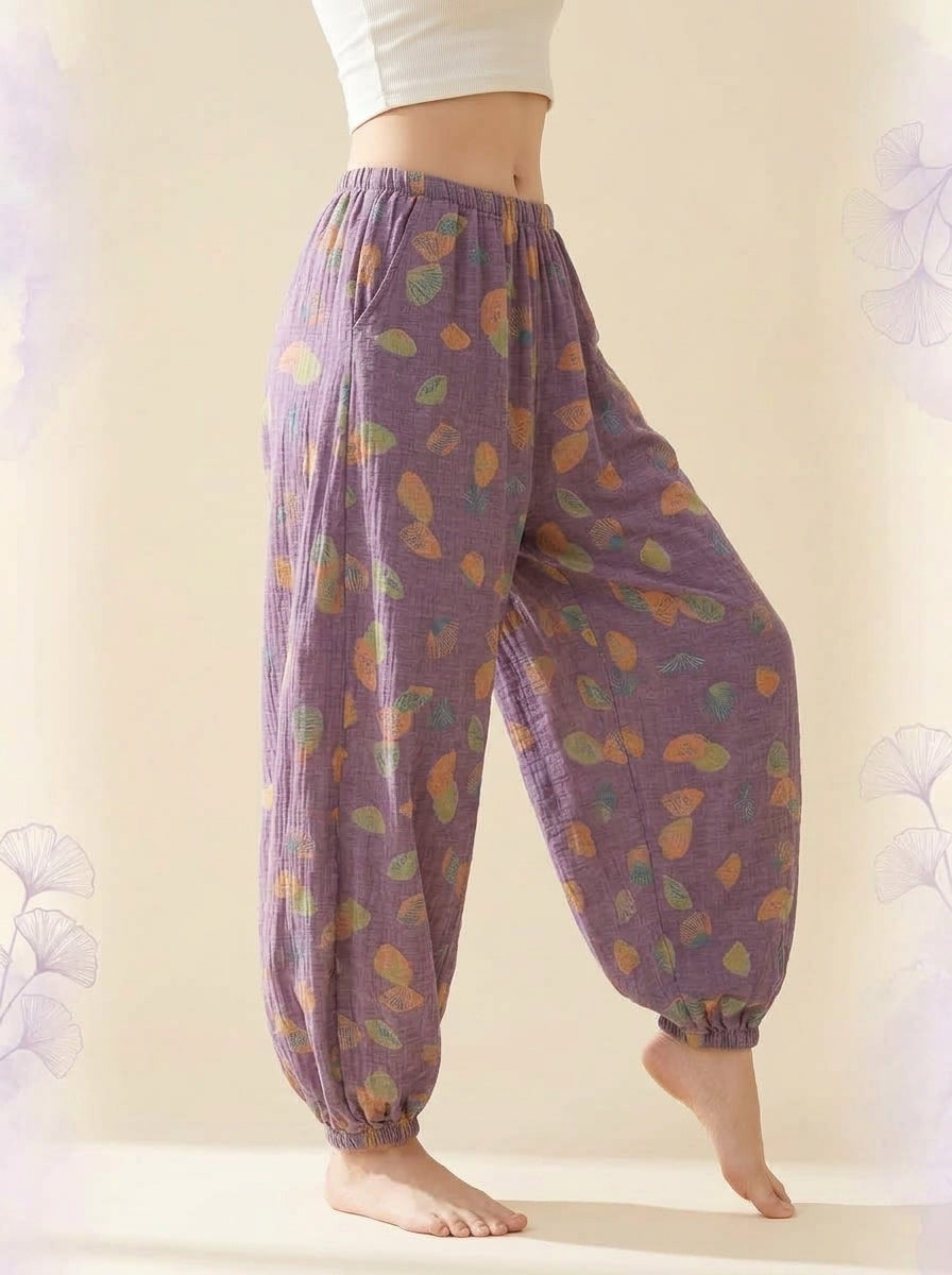 Cotton Gauze Leaf Pants in Lavender Leaf, side view