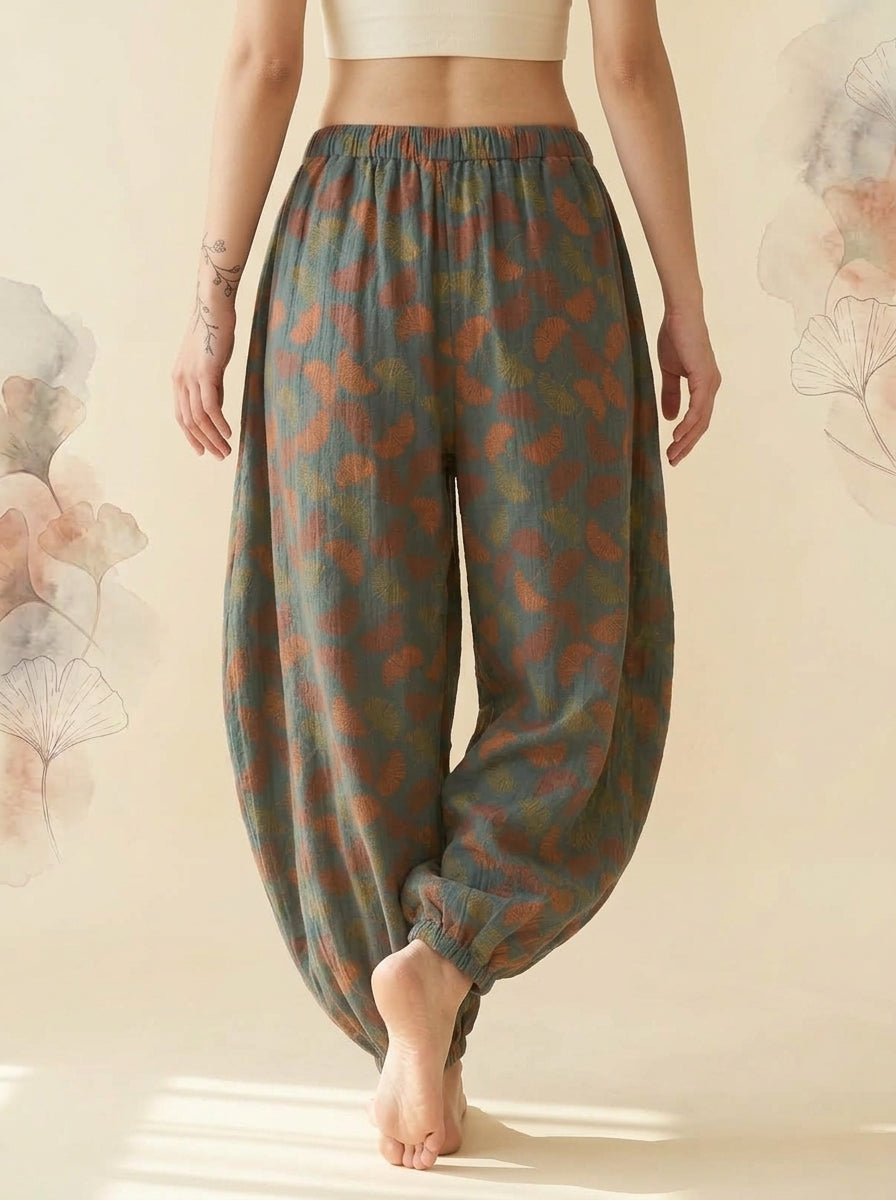 Cotton Gauze Leaf Pants in Moss Ginkgo, back view
