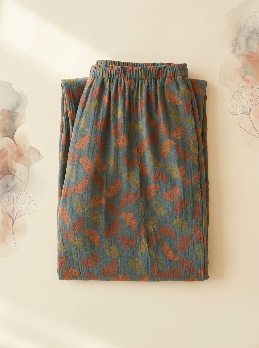 Cotton Gauze Leaf Pants in Moss Ginkgo, folded flat