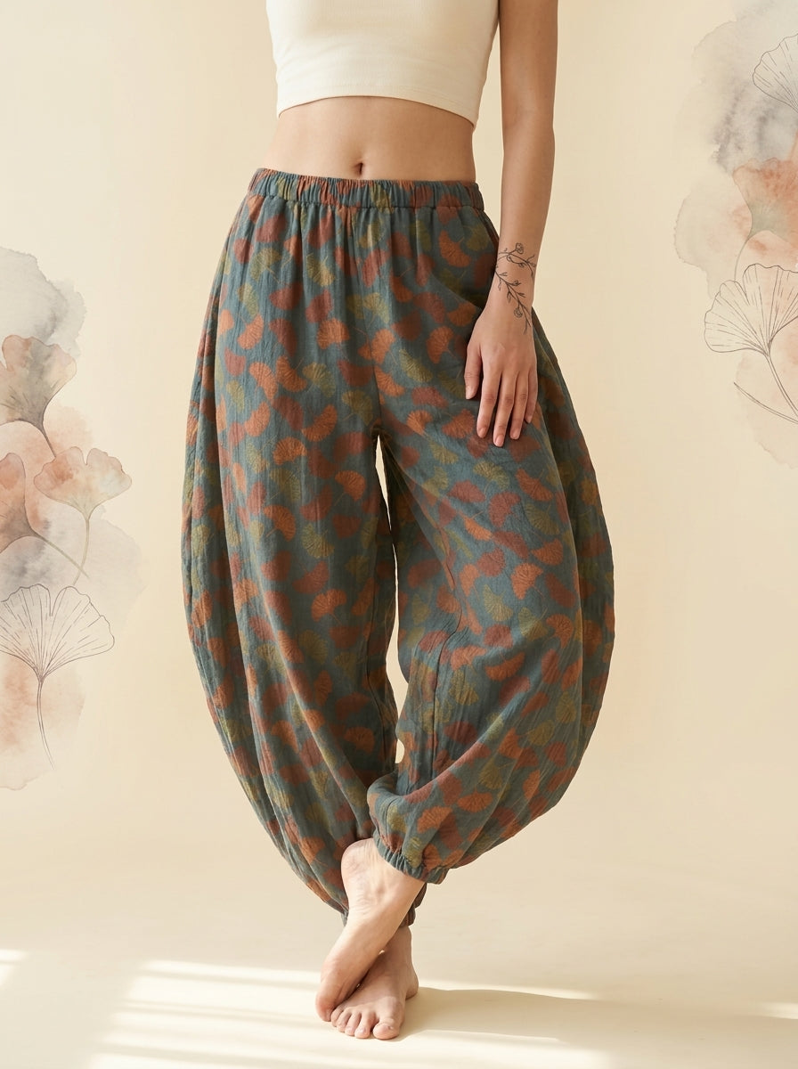 Cotton Gauze Leaf Pants in Moss Ginkgo, front view