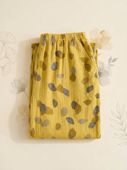 Cotton Gauze Leaf Pants in Mustard Leaf, folded flat