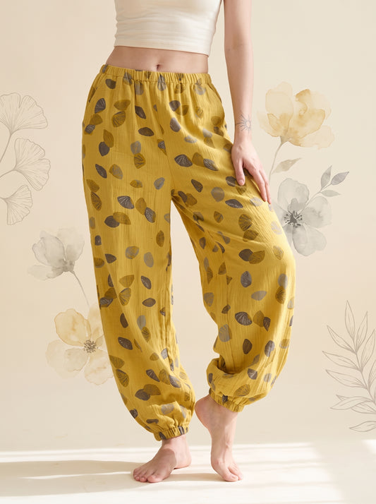 Cotton Gauze Leaf Pants in Mustard Leaf