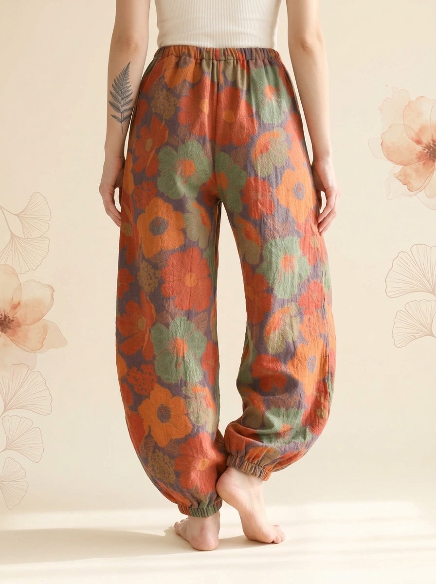 Cotton Gauze Leaf Pants in Rust Bloom, back view