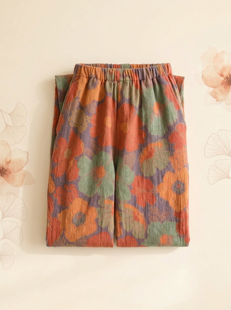 Cotton Gauze Leaf Pants in Rust Bloom, folded flat