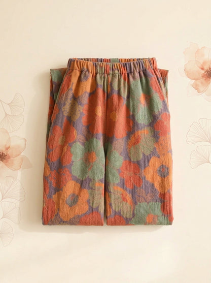 Cotton Gauze Leaf Pants in Rust Bloom, folded flat