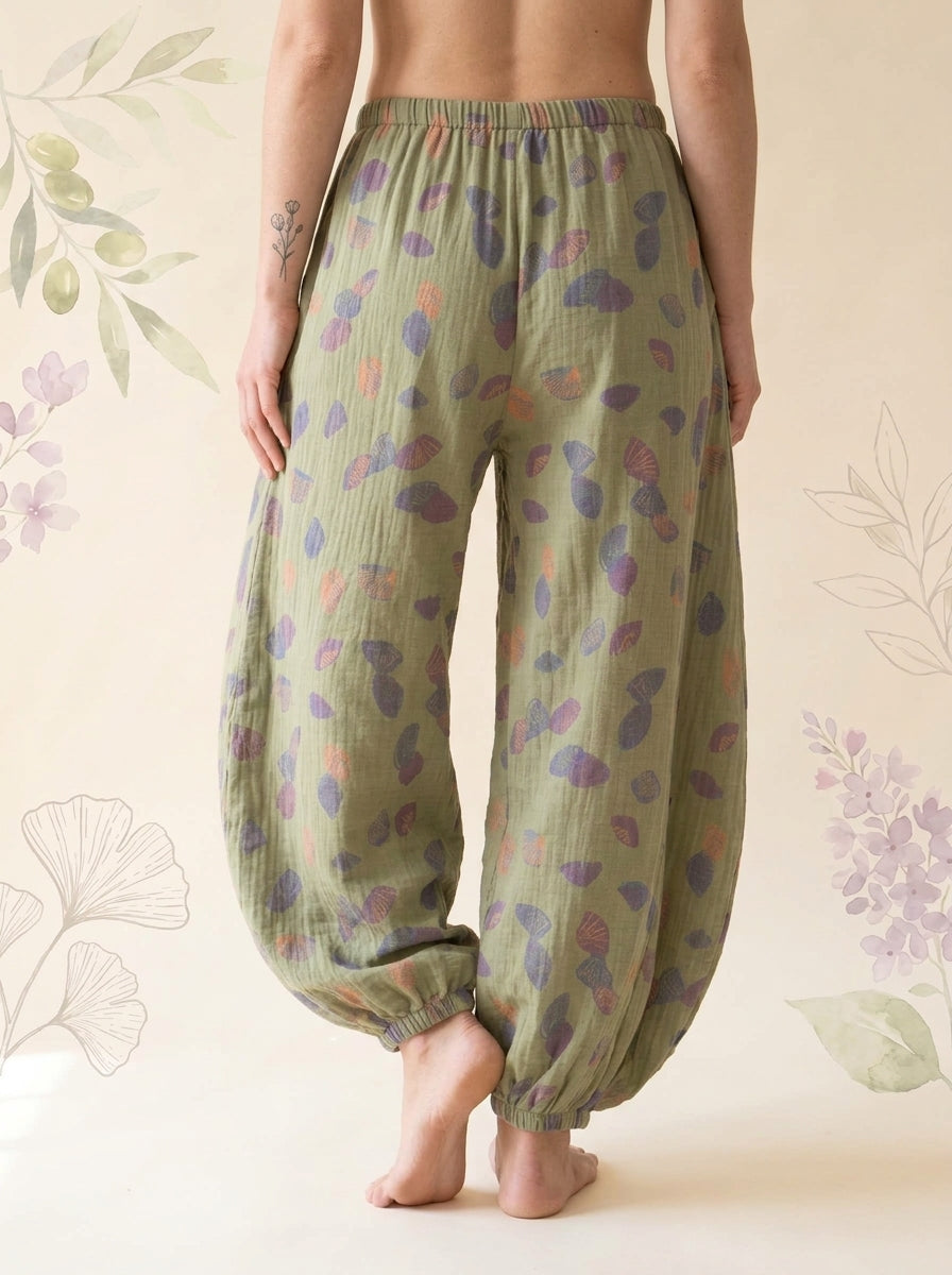 Cotton Gauze Leaf Pants in Sage Leaf, back view