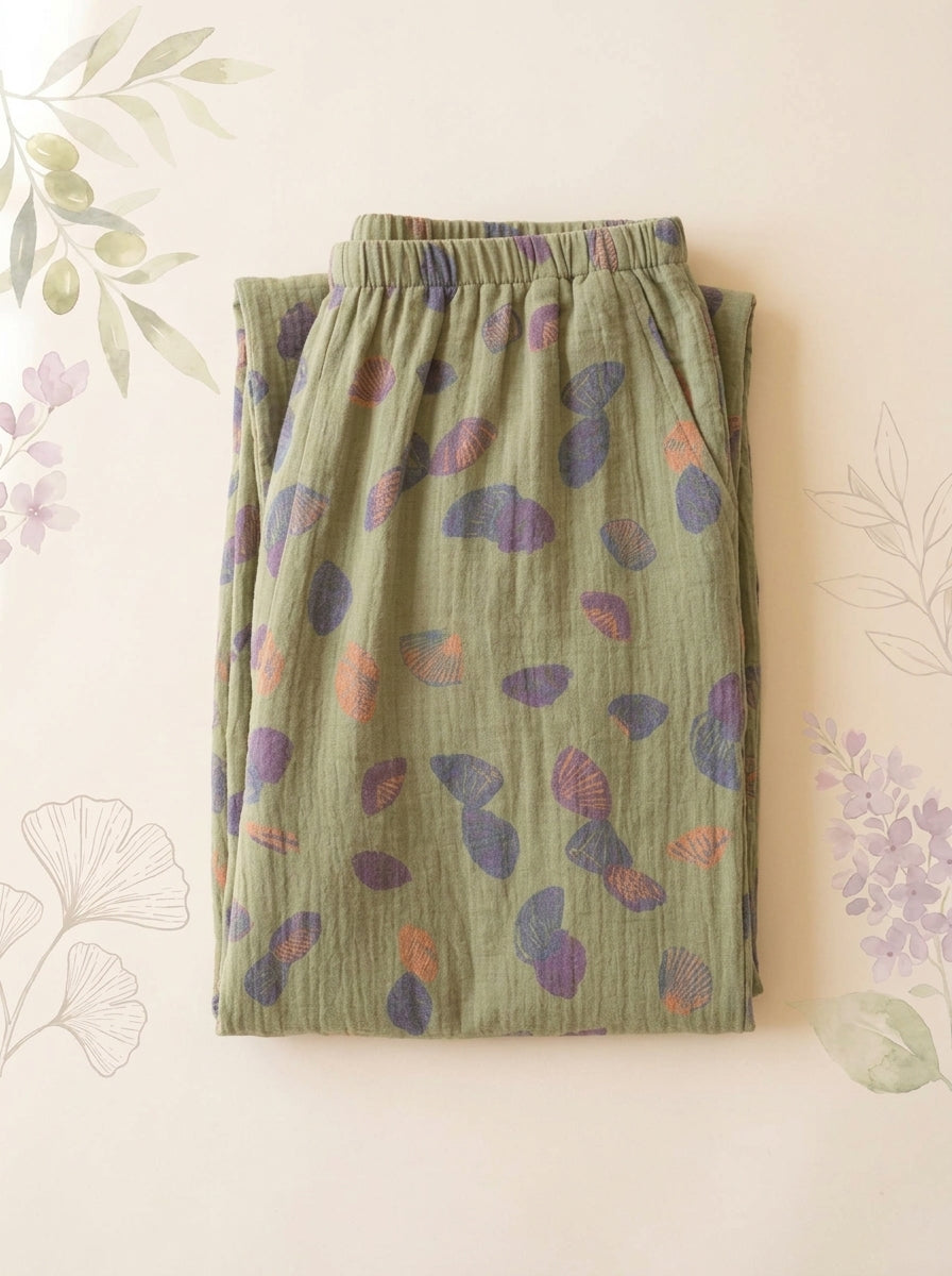 Cotton Gauze Leaf Pants in Sage Leaf, folded flat