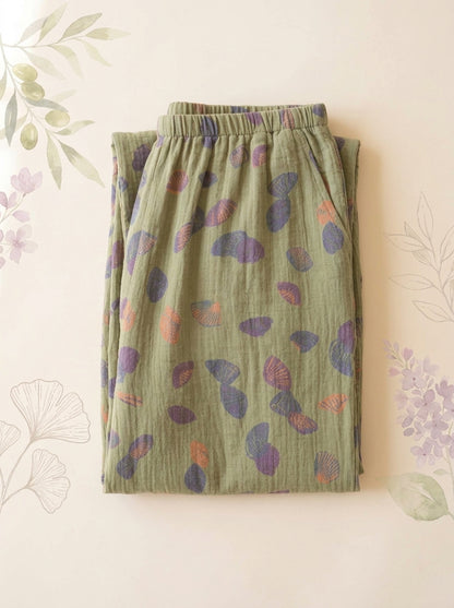 Cotton Gauze Leaf Pants in Sage Leaf, folded flat