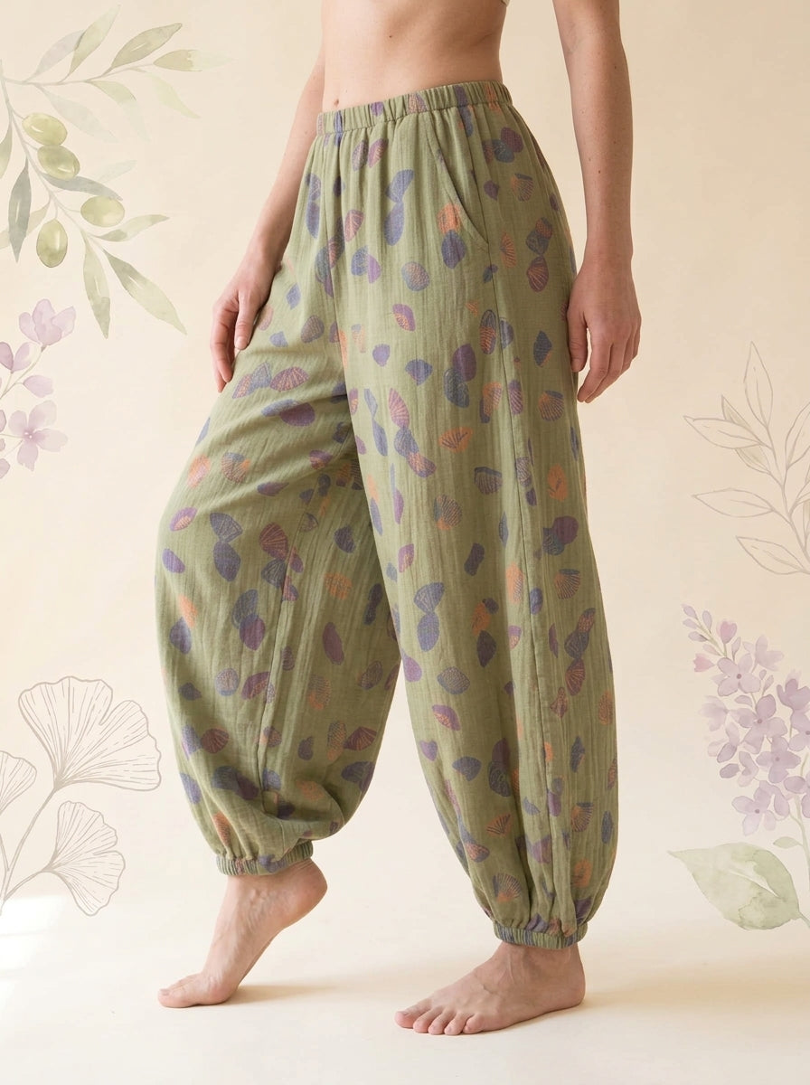 Cotton Gauze Leaf Pants in Sage Leaf, side view
