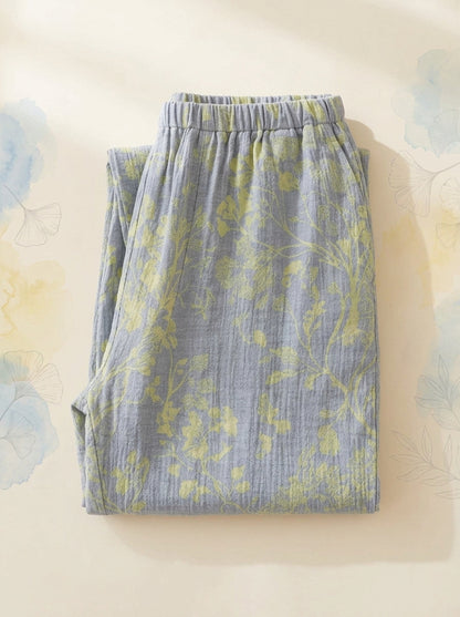 Cotton Gauze Leaf Pants in Sky Leaf, folded flat