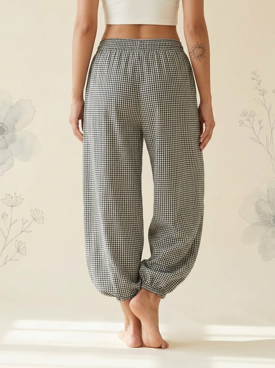 Gingham Lantern Pants in Black Gingham, back view