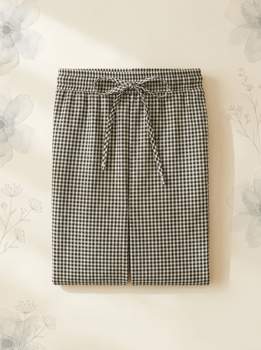 Gingham Lantern Pants in Black Gingham, folded flat