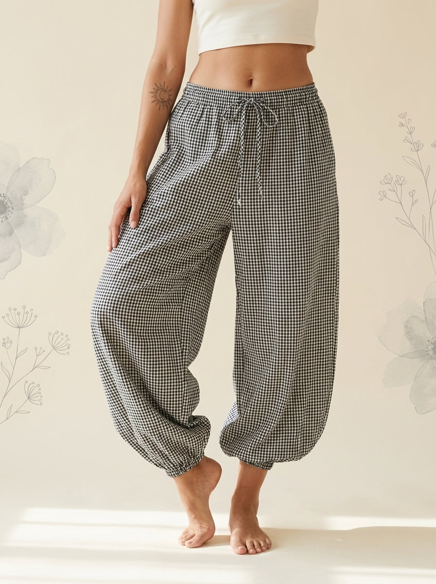 Gingham Lantern Pants in Black Gingham, front view
