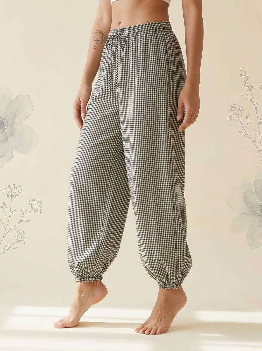 Gingham Lantern Pants in Black Gingham, side view