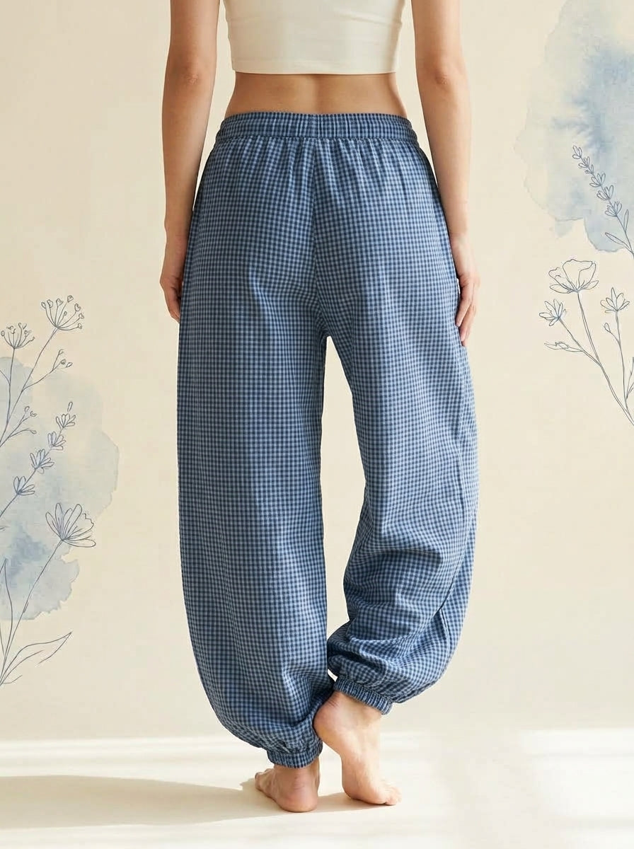 Gingham Lantern Pants in Blue Gingham, back view