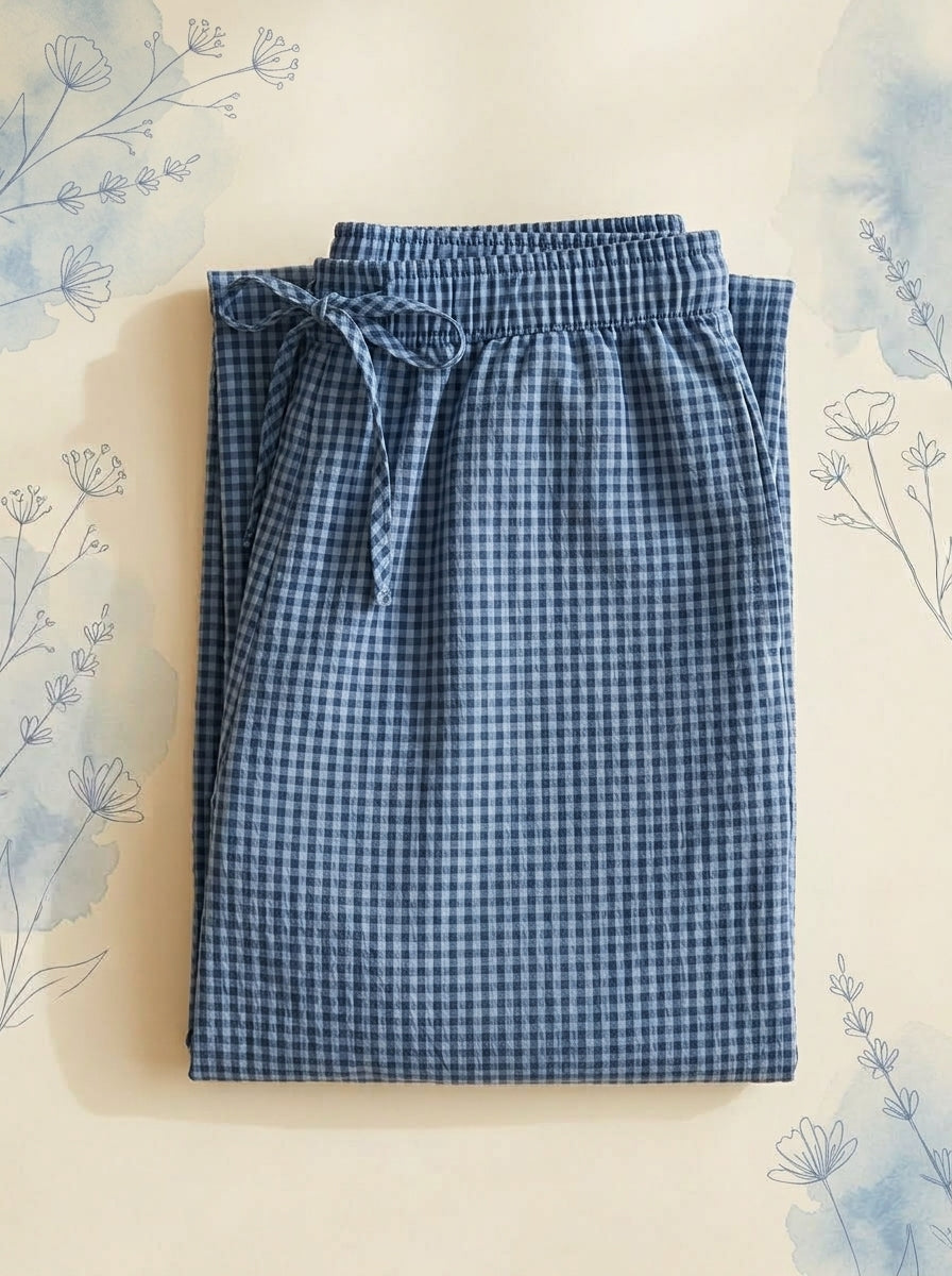 Gingham Lantern Pants in Blue Gingham, folded flat