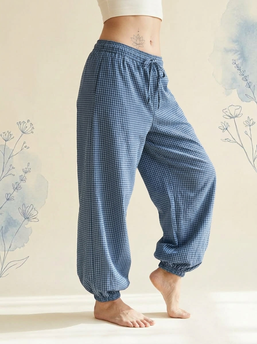 Gingham Lantern Pants in Blue Gingham, side view