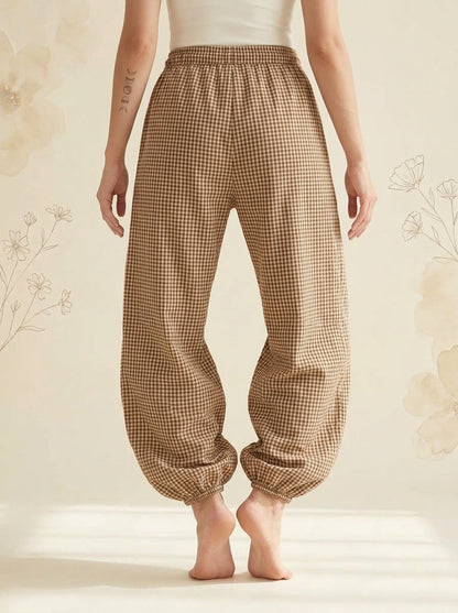 Gingham Lantern Pants in Khaki Gingham, back view