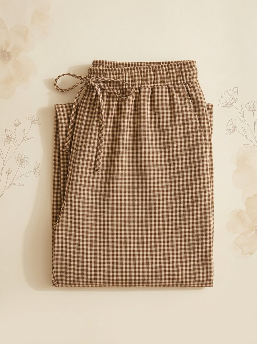 Gingham Lantern Pants in Khaki Gingham, folded flat