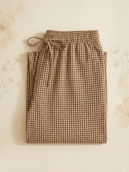 Gingham Lantern Pants in Khaki Gingham, folded flat