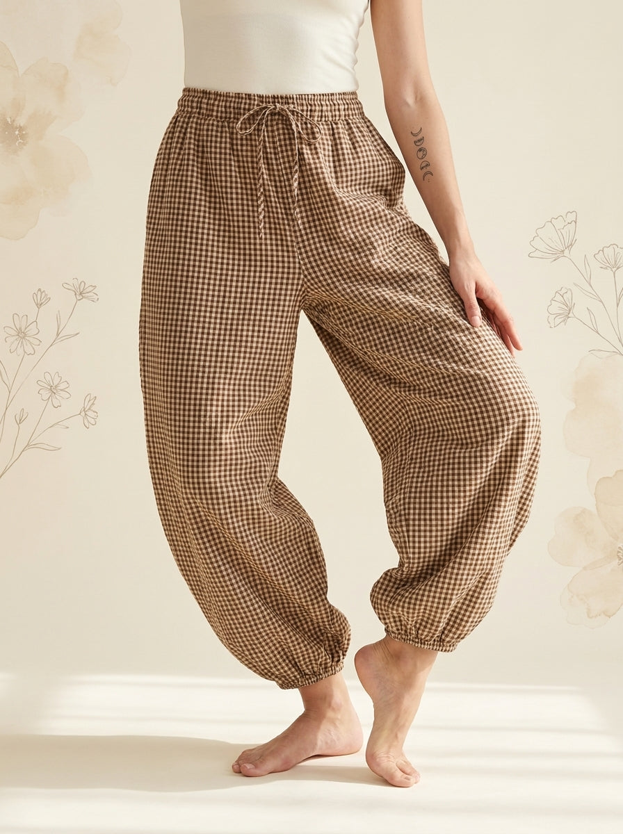 Gingham Lantern Pants in Khaki Gingham, front view