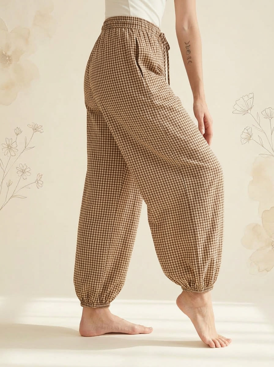 Gingham Lantern Pants in Khaki Gingham, side view