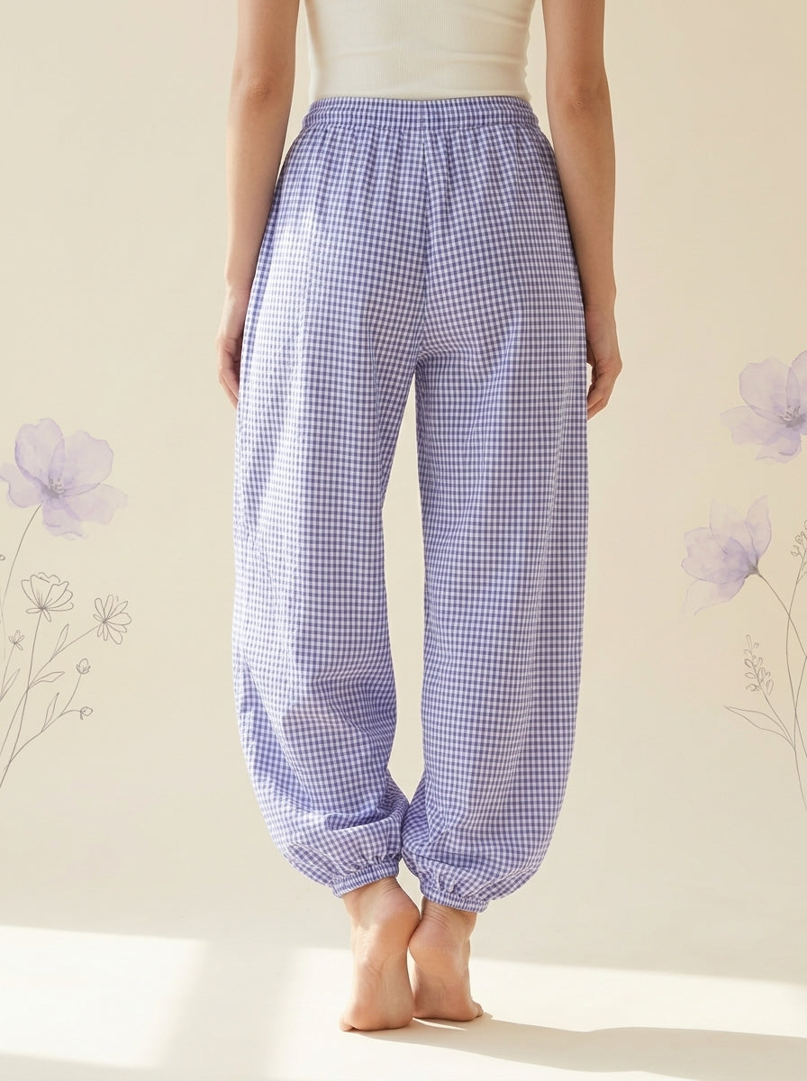 Gingham Lantern Pants in Lilac Gingham, back view