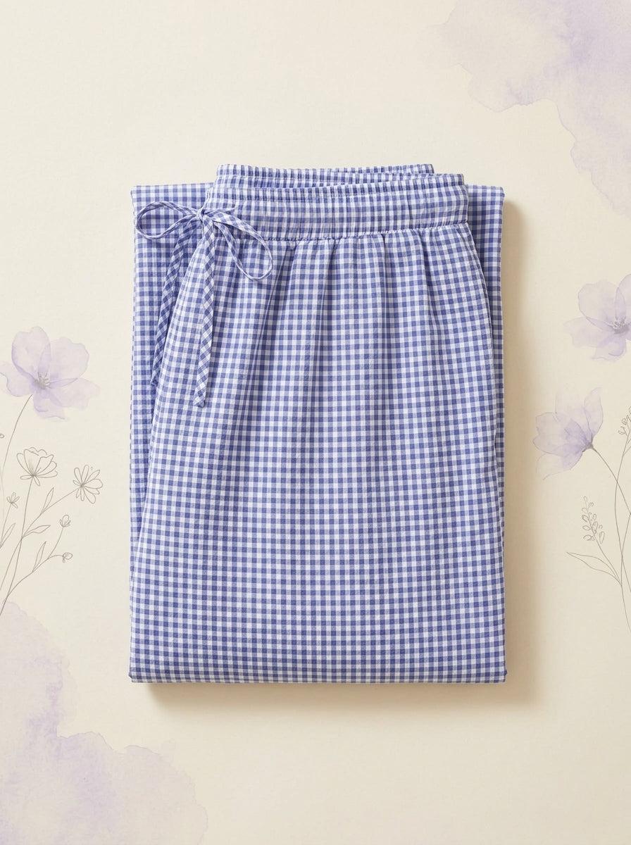 Gingham Lantern Pants in Lilac Gingham, folded flat