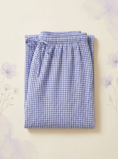 Gingham Lantern Pants in Lilac Gingham, folded flat