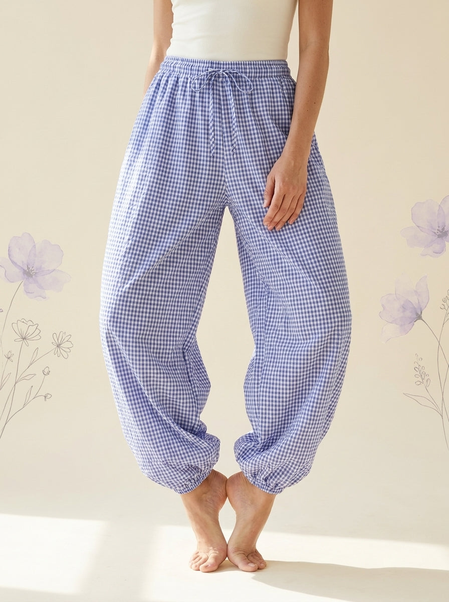 Gingham Lantern Pants in Lilac Gingham, front view