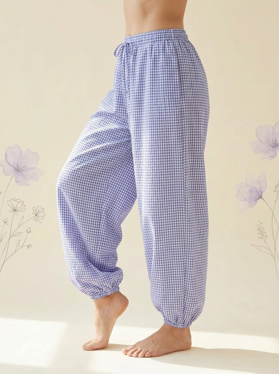 Gingham Lantern Pants in Lilac Gingham, side view