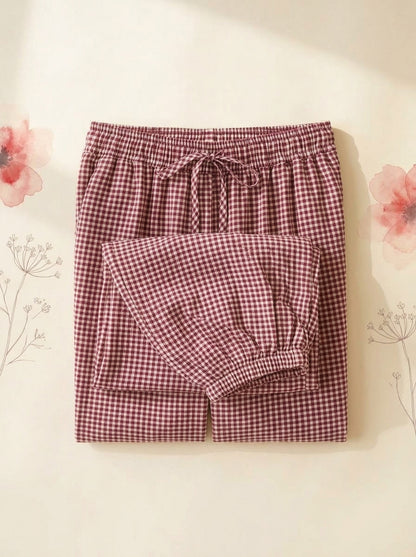 Gingham Lantern Pants in Red Gingham, folded flat