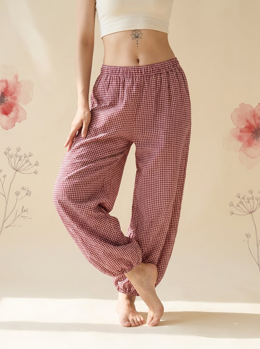Gingham Lantern Pants in Red Gingham, front view
